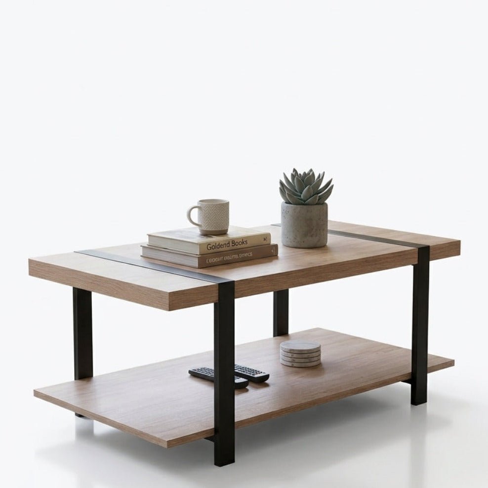 SKIRON center table viewed at an angle, showing its wood shelves and black metal frame