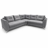 Gray L-shaped sectional sofa with tufted cushions and cushioned arms, four tapered legs