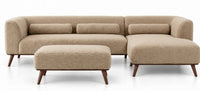 Beige L-shape sectional sofa with ottoman-style chaise and rounded armrests
