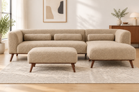 Beige L-shape sectional sofa with ottoman chaise and wide cushioned arms