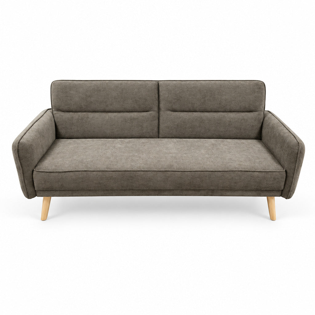 Gray sofa bed with tufted back, two seat cushions, rounded arms, wooden legs