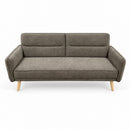 Gray sofa bed with tufted back, two seat cushions, rounded arms, wooden legs