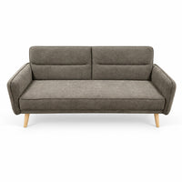 Gray sofa bed with tufted back, two seat cushions, rounded arms, wooden legs