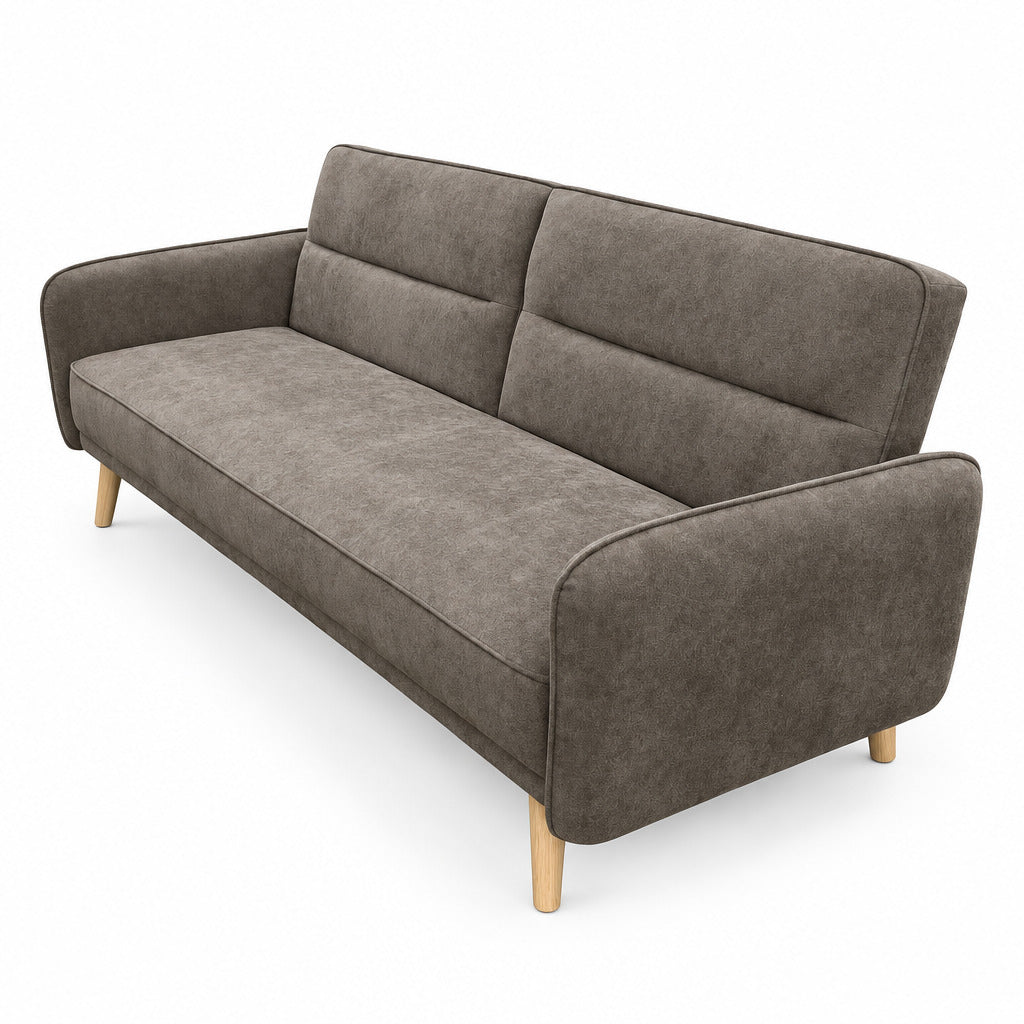 Gray sofa bed with segmented backrest, boxy arms, padded seat, wooden legs
