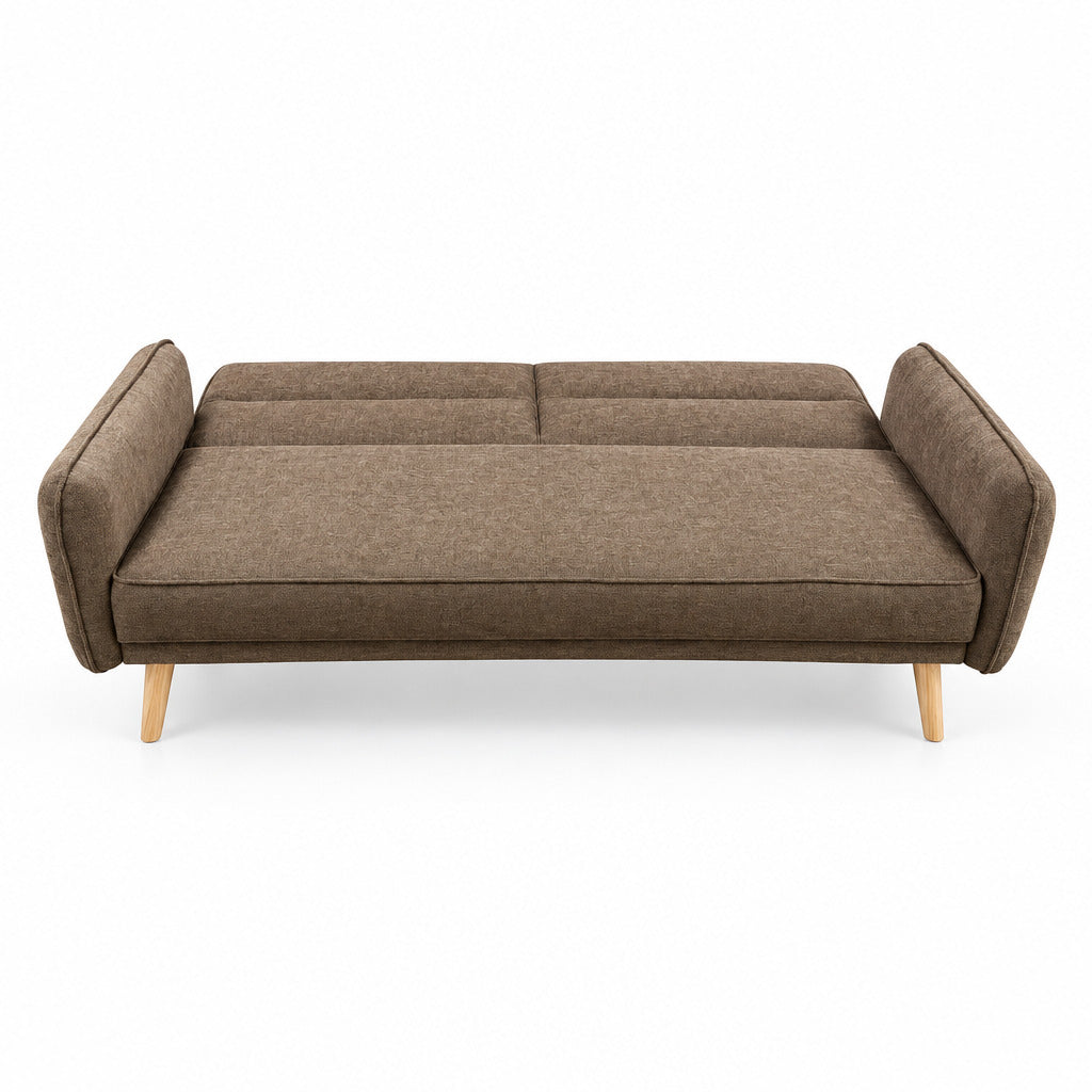 Light gray sofa bed with padded back, two seat cushions, rounded arms, wooden legs