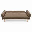 Light gray sofa bed with padded back, two seat cushions, rounded arms, wooden legs
