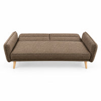 Light gray sofa bed with padded back, two seat cushions, rounded arms, wooden legs