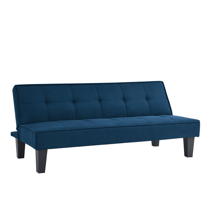Blue sofa bed with tufted backrest and padded seat, dark legs