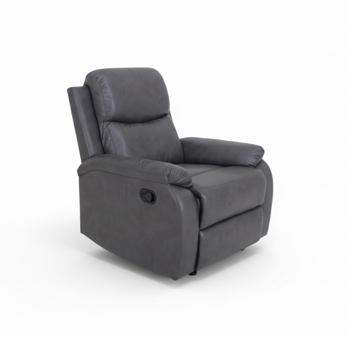 Dark grey upholstered recliner chair with padded headrest and armrests
