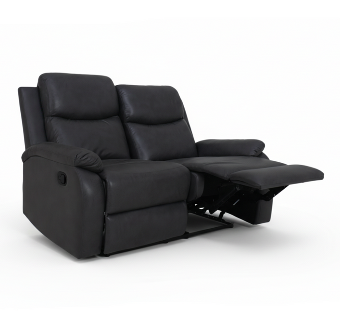 Two-seater reclining sofa with extended footrest, dark upholstery and padded armrest