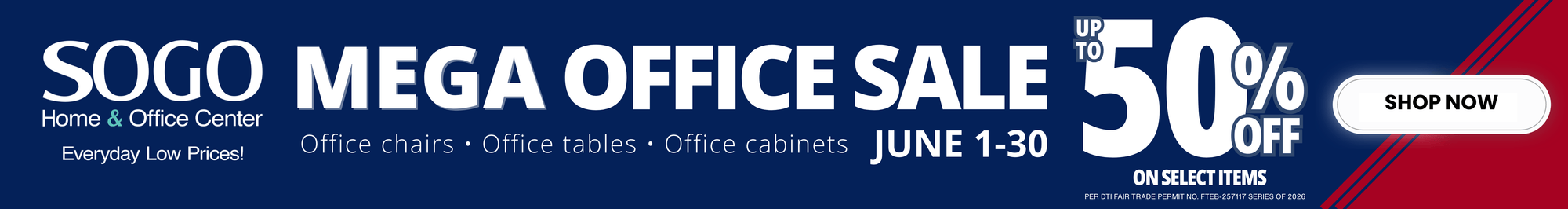 Promotional banner for SOGO Mega Office Sale with discount information.