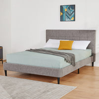 MONACO queen bed, gray upholstered frame, light aqua cover, white & yellow pillows