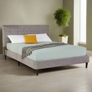 MONACO queen bed, gray headboard, light aqua cover, white & mustard pillows, black legs