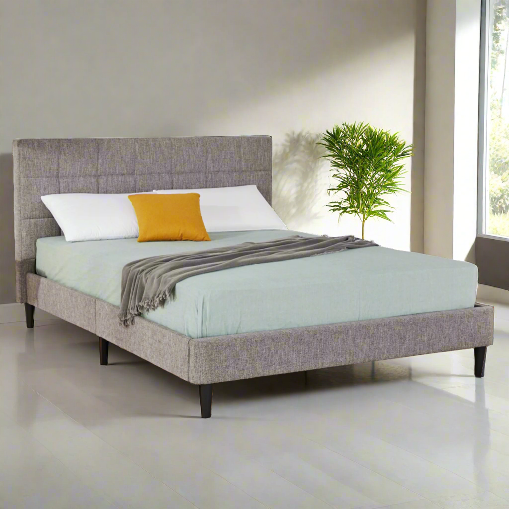 MONACO queen bed with gray headboard, light aqua cover, white and yellow pillows, gray throw