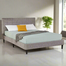 MONACO queen bed with gray headboard, light aqua cover, white and yellow pillows, gray throw
