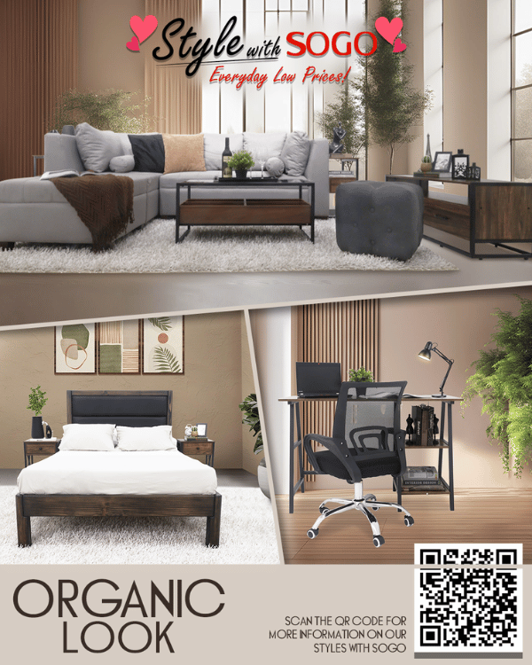Advertisement for Sogo furniture with living room, bedroom, and office furniture.