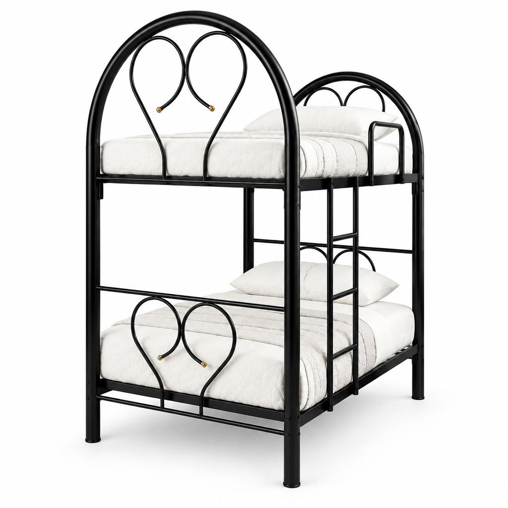 Double-deck bunk bed with black metal frame and four white mattresses