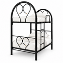 Double-deck bunk bed with black metal frame and four white mattresses
