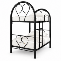 Double-deck bunk bed with black metal frame and four white mattresses