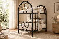Double-deck bunk bed with black frame, arched headboards, and white mattresses