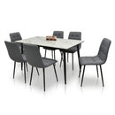ELARA six-seat dining set with marble-look rectangular table and six gray upholstered chairs