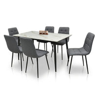ELARA six-seat dining set with marble-look rectangular table and six gray upholstered chairs