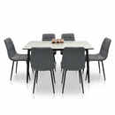 Six-seat dining set viewed head-on, with a light veined tabletop and gray chairs