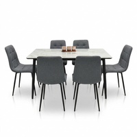 Six-seat dining set viewed head-on, with a light veined tabletop and gray chairs