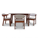 Dining table set with four chairs on a white background