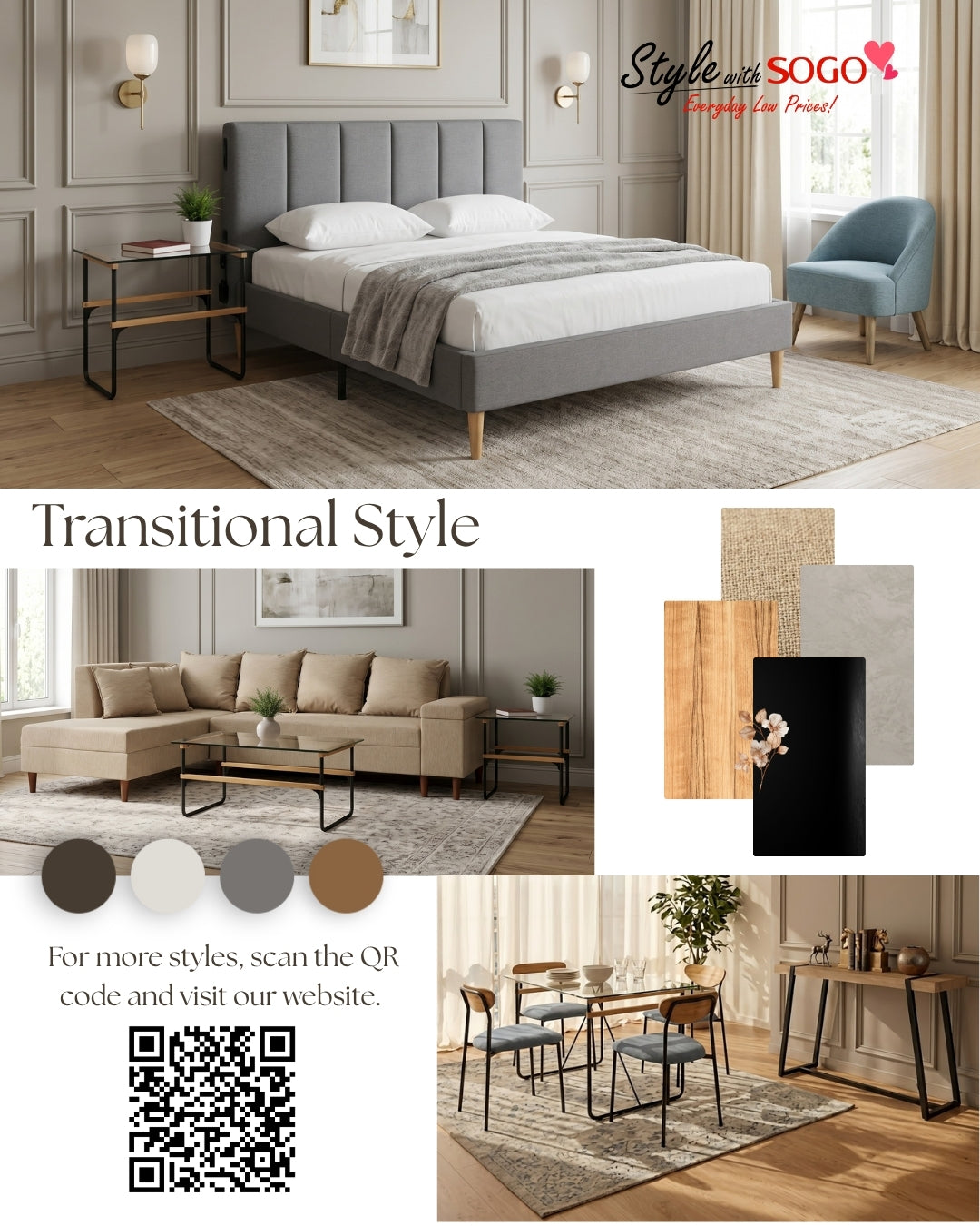 A collage-style interior design page showing multiple staged rooms and furniture options under the heading 'Transitional Style.' The largest and most prominent panel features a gray upholstered bed in a bedroom, with a sofa, rug, side table, wall sconces, and a blue chair in other panels.