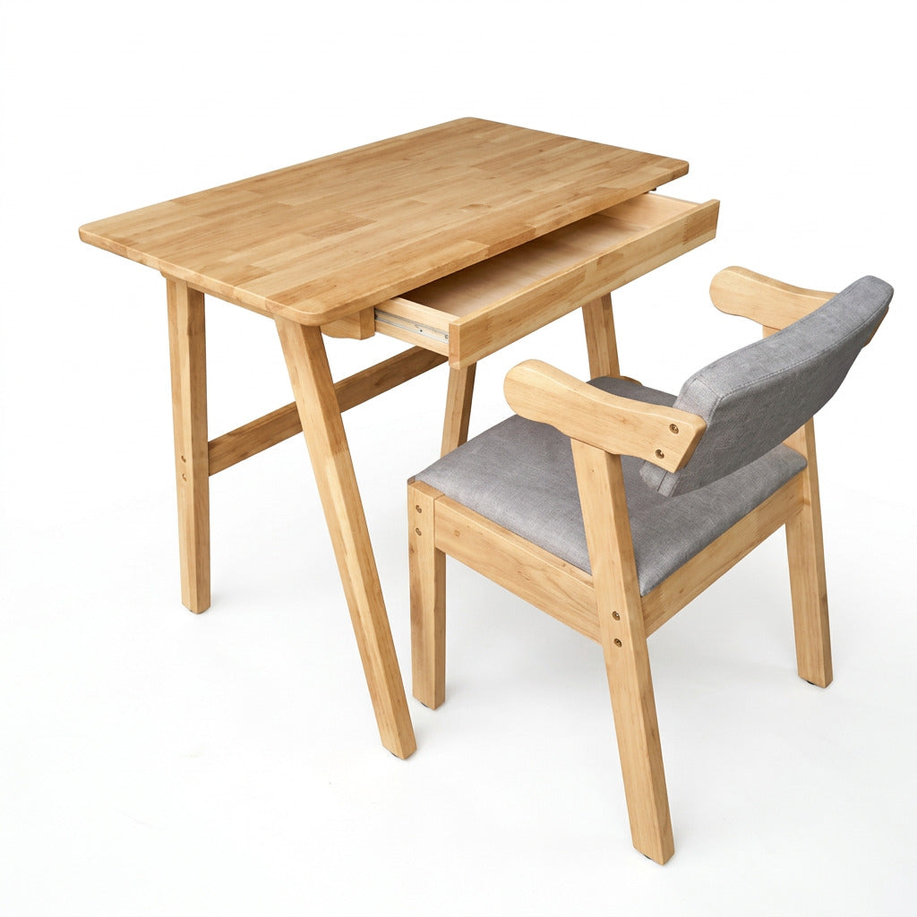 Natural wood study desk with side chair; gray upholstered seat and back