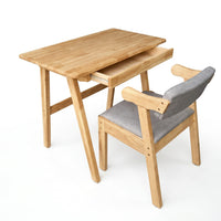 Natural wood study desk with side chair; gray upholstered seat and back