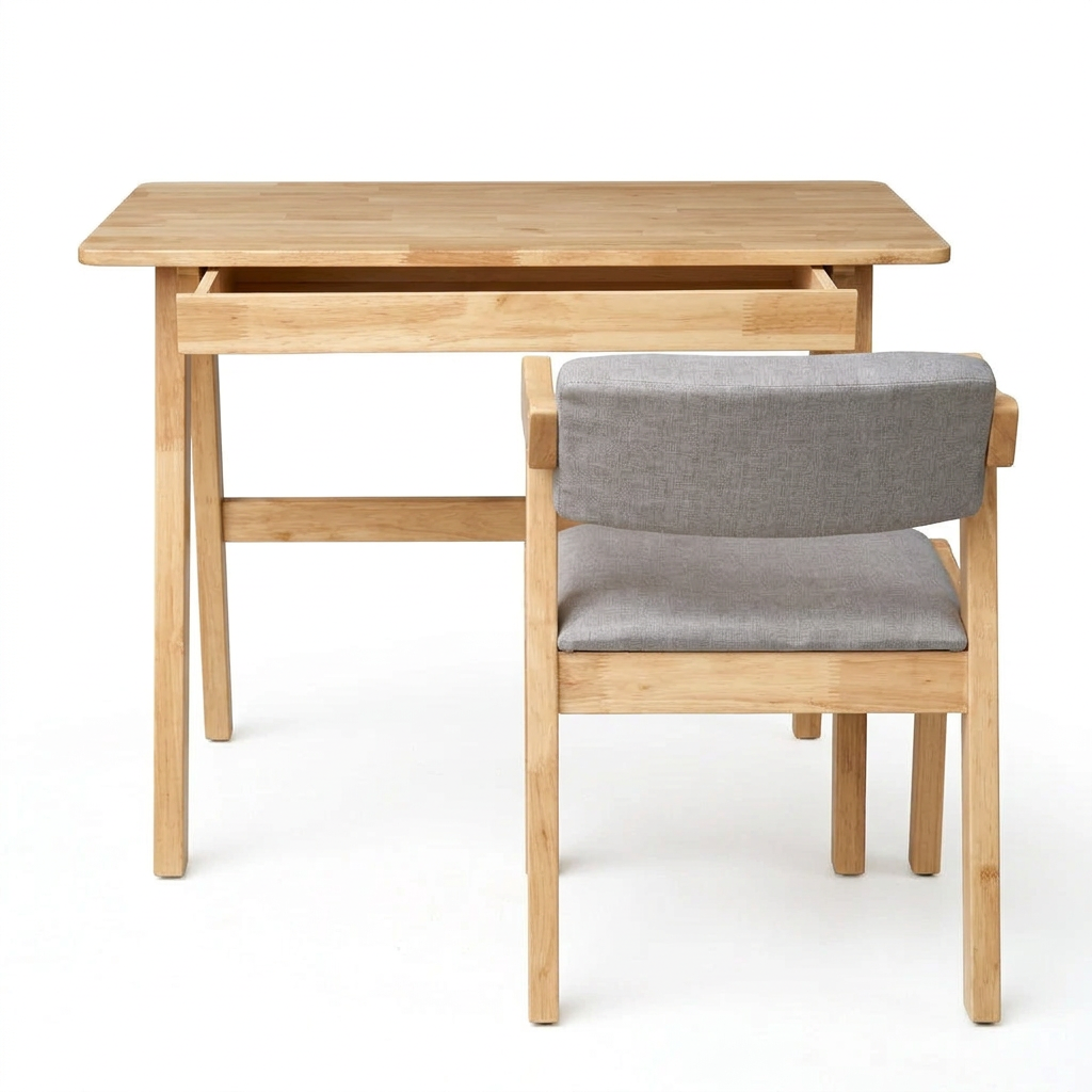 Natural wood study desk with open shelf and side chair; gray upholstered backrest