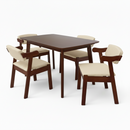Dining table set with four chairs on a white background