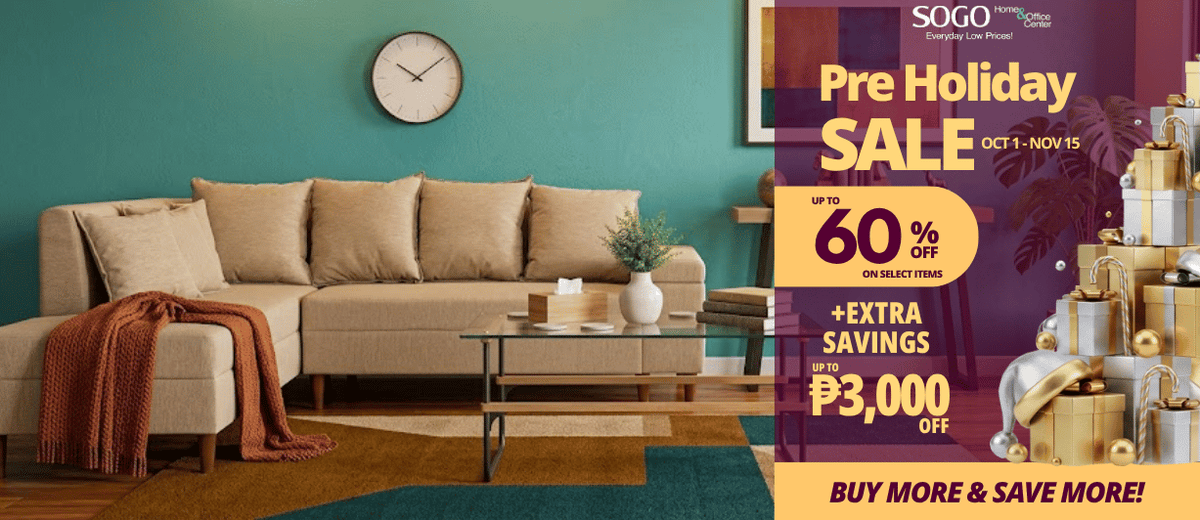 A promotional sale banner for a home decor or furniture store, featuring a beige sectional sofa in a modern living room setting with a teal wall, alongside a large yellow and purple 'Pre Holiday SALE' text overlay on the right