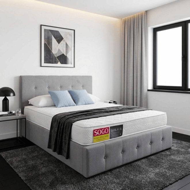 Grey themed bedroom with sogo mattress