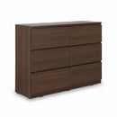 Wooden dresser with six drawers on a white background