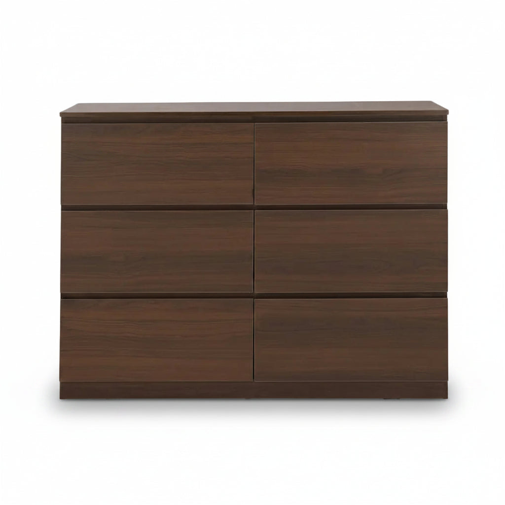Contemporary chest of six drawers with a foil finish in a walnut color.