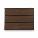 Contemporary chest of six drawers with a foil finish in a walnut color.