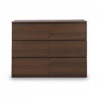 Contemporary chest of six drawers with a foil finish in a walnut color.