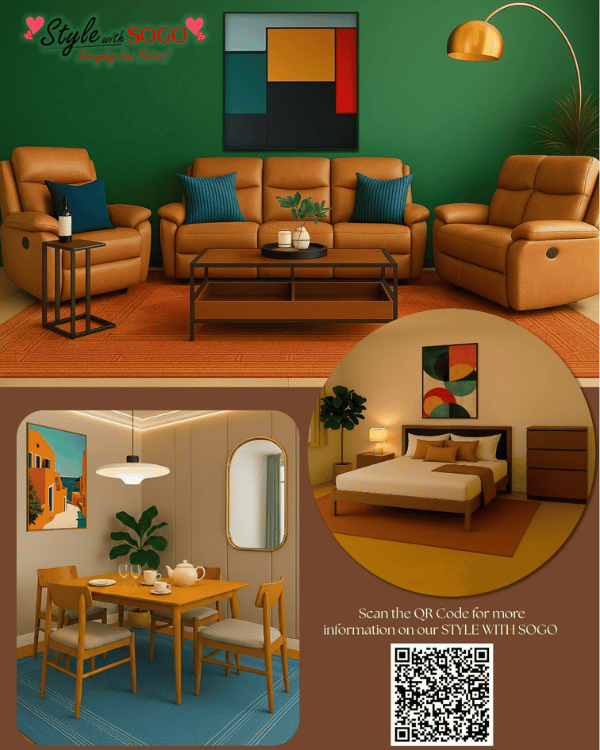 Living room with brown leather furniture, green wall, and abstract art. Dining area with wooden table and chairs.