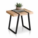 SKIRON side table with a light wood square top and black angular metal legs.