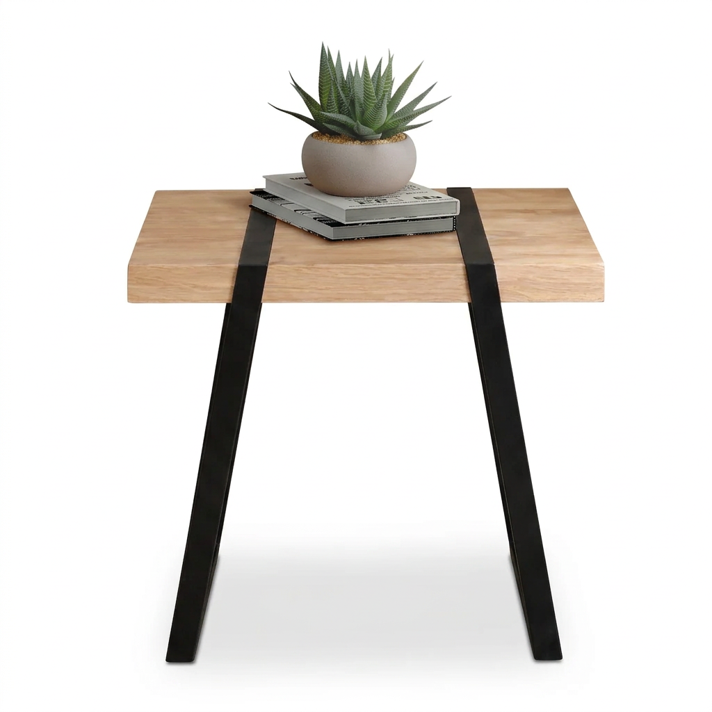 Front view of SKIRON side table showing its light wood top and black metal legs.