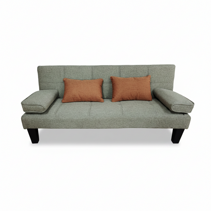 Light grey sofa bed with two rust-orange pillows and two folded arm cushions