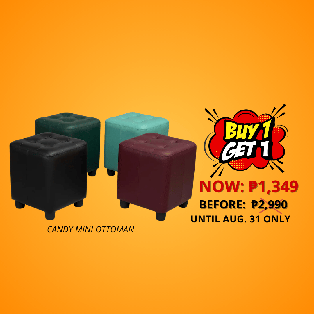 Promotional graphic for the Sogofurniture Candy Mini Ottoman, showing four mini cube ottomans in black, teal, and burgundy on a bright orange background with online shopping text, a buy 1 get 1 offer, and payment method logos.