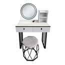 White vanity dresser with round mirror, two drawers, and hex stool with padded seat