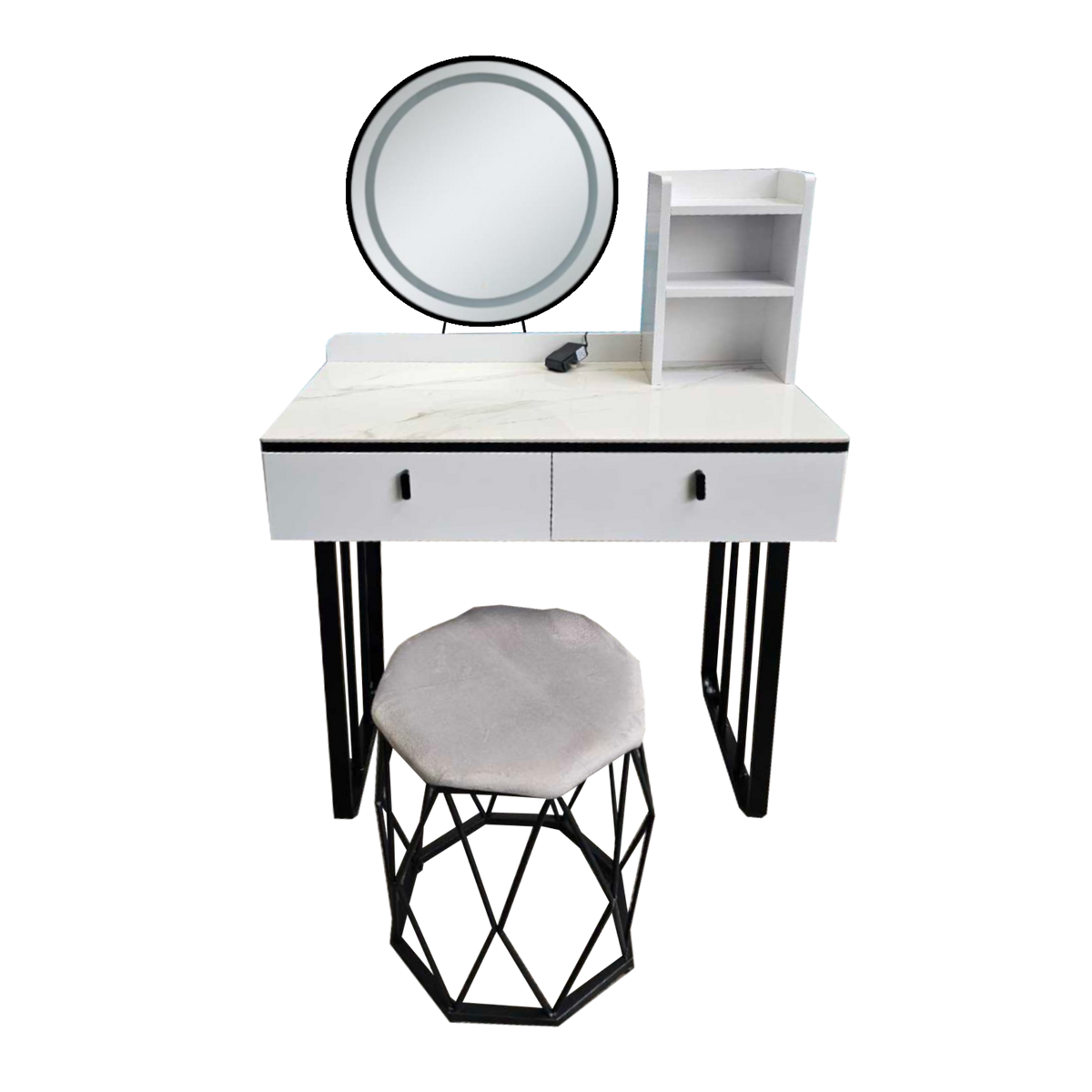 White vanity dresser with round mirror, two drawers, and hex stool with padded seat