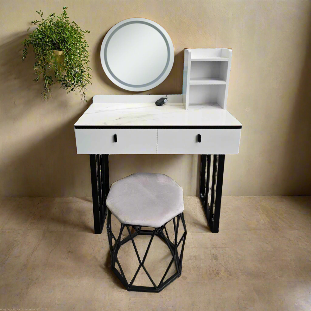 White vanity dresser with round mirror, two drawers, side open cabinet, and padded hex stool