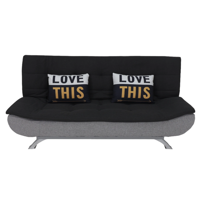 Charcoal-and-black sofabed with two “LOVE THIS” pillows on the backrest