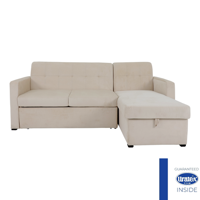 Beige upholstered L-shaped sofabed with tufted back and matching ottoman chaise